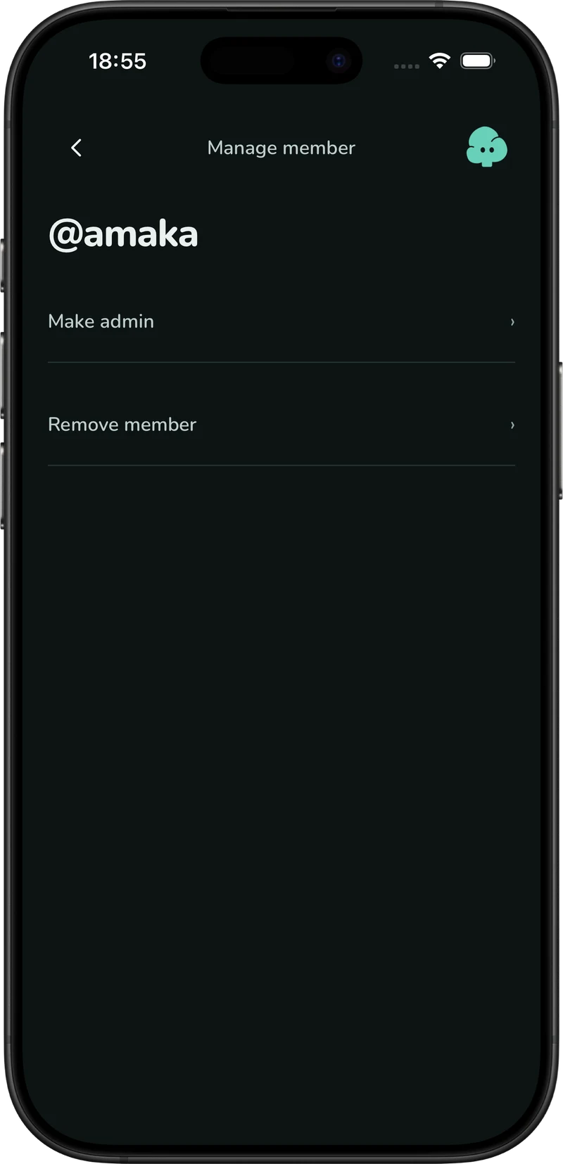 APTree running on an iPhone: the current Manage member screen with @amaka and the Make admin control