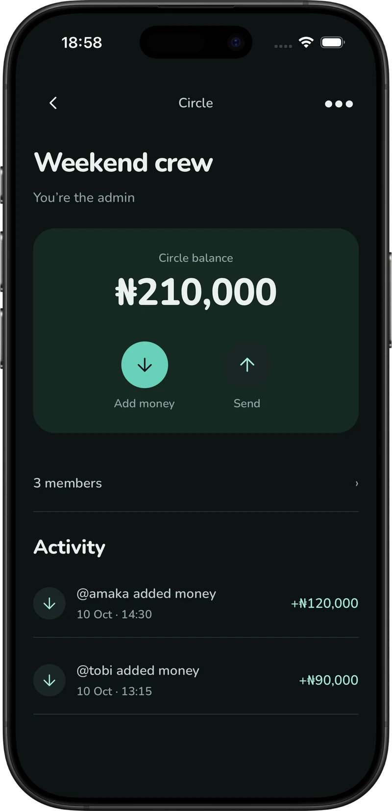 APTree running on an iPhone: Weekend crew, a sample ₦210,000 shared balance, and named contributions from Amaka and Tobi