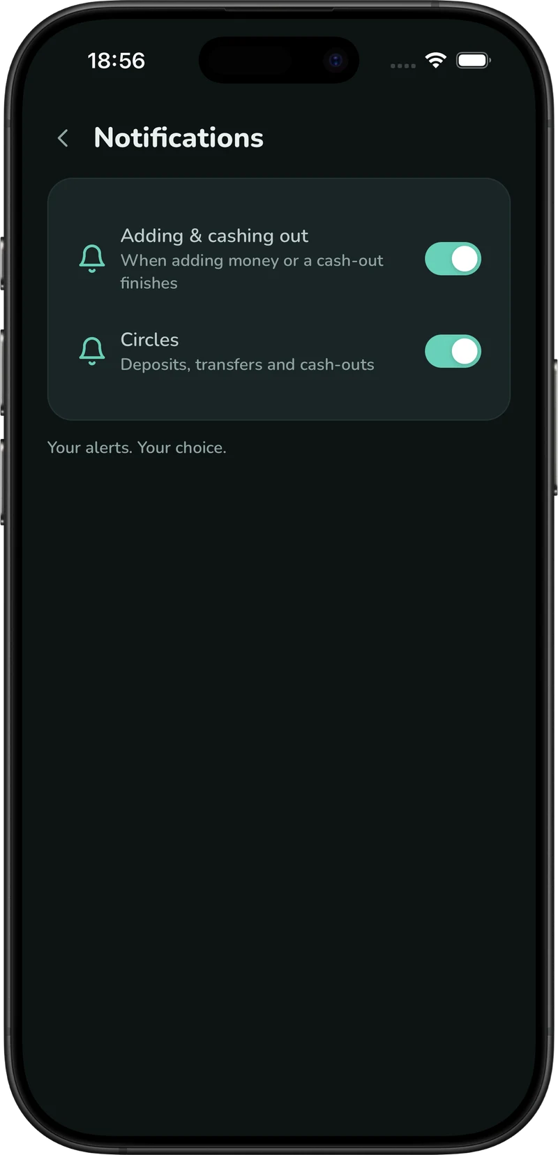 APTree running on an iPhone: notification settings with Circle alerts for deposits, transfers and cash-outs enabled